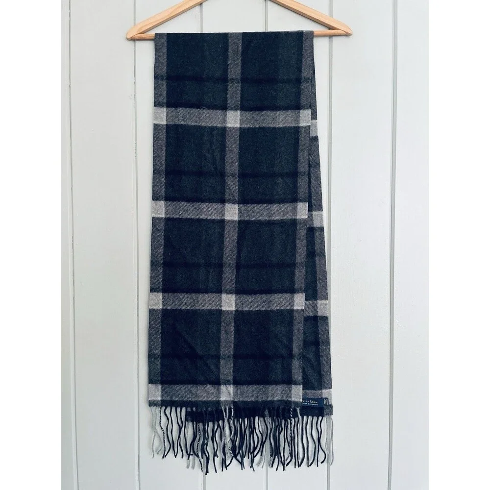 Club Room 100% Cashmere Scarf Plaid Gray Fringe